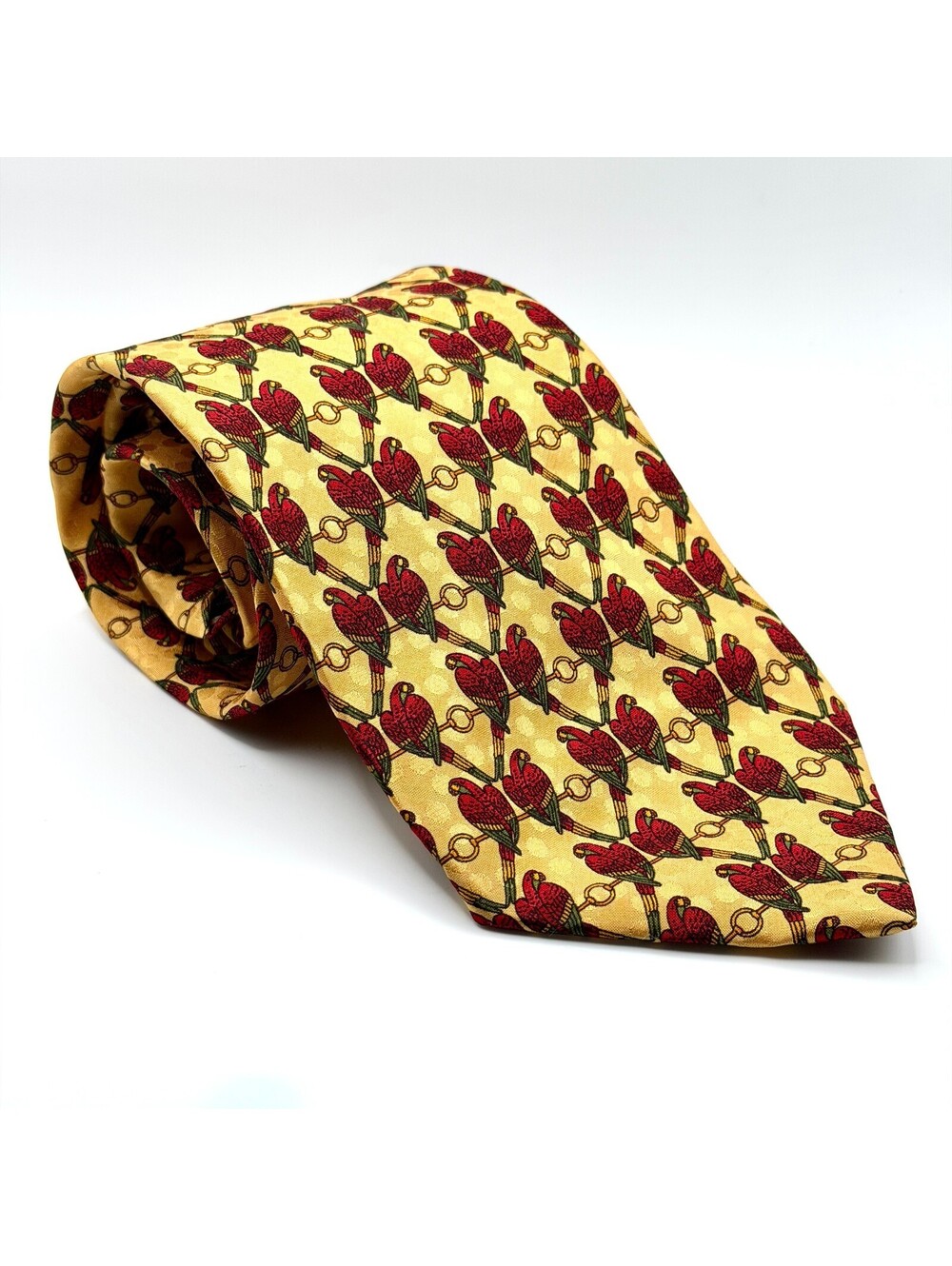 Vintage 90s Paul Fredrick Yellow Silk Parrot Necktie